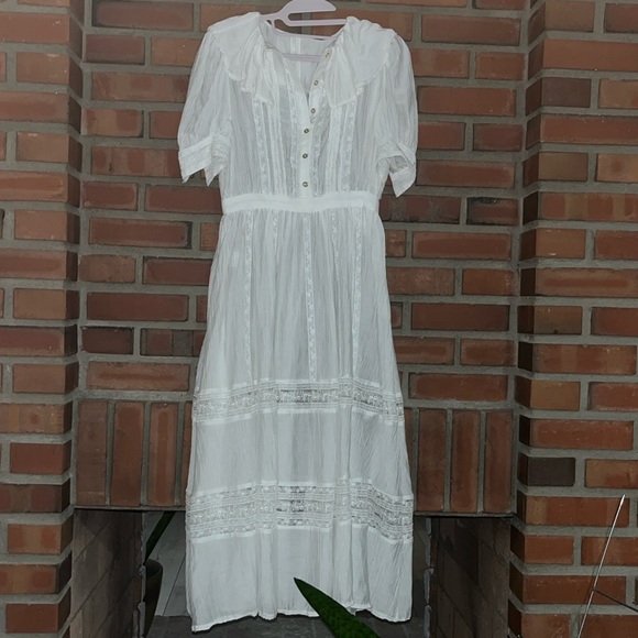 Tokya white linen cotton blend prairie dress small button front mild staining - Picture 1 of 8